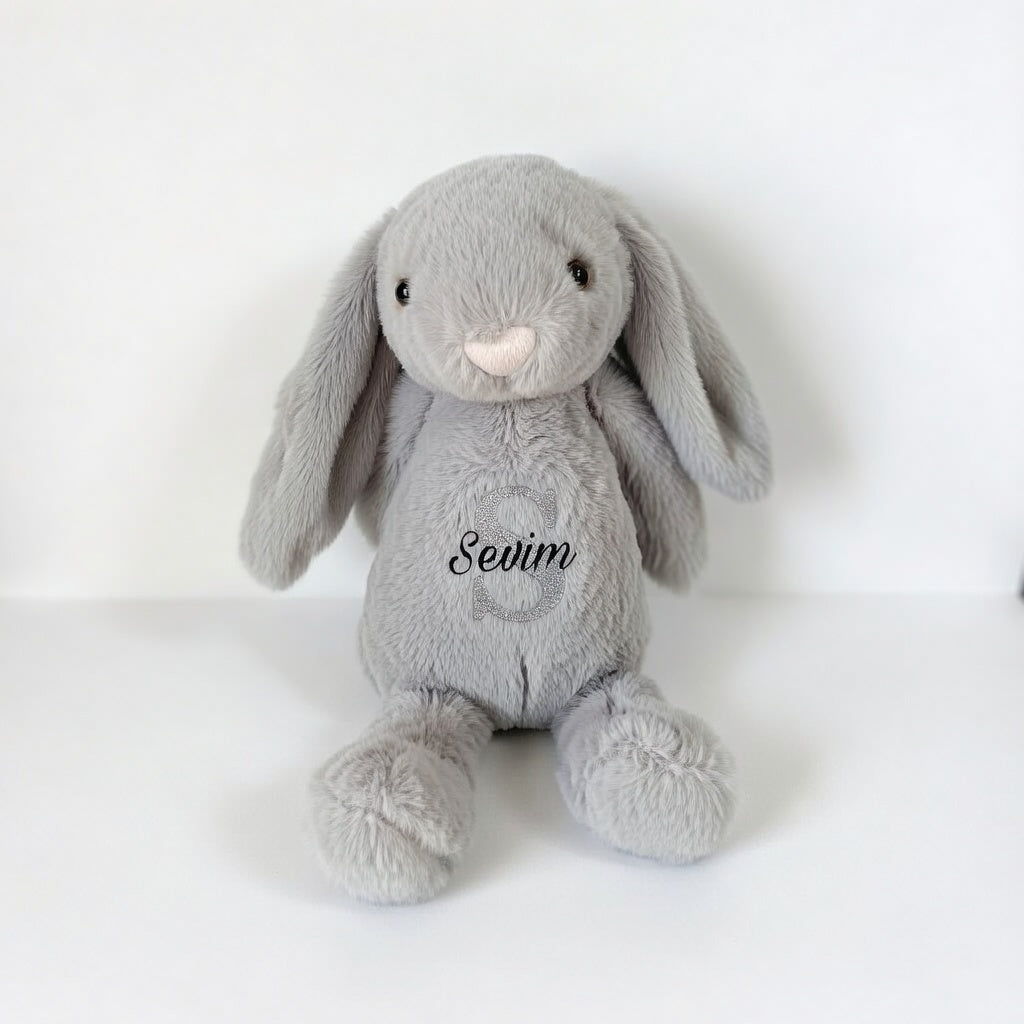 İsim Yazılı Kişiselleştirilebilir Uyku Arkadaşı Gri Tavşan